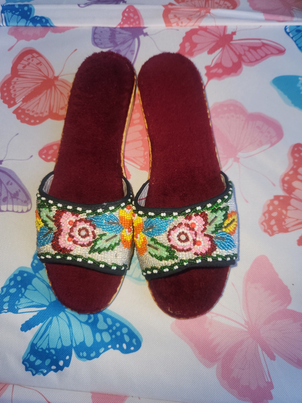 Handcrafted Beaded Floral Slide Sandals in Burgundy